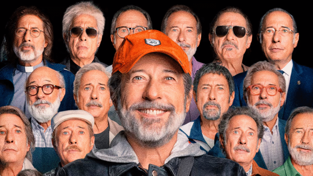 Guillermo Francella en una de las viñetas de Homo Argentum, rodeado de marcas comerciales.